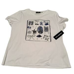 NWT KARL LAGERFELD Love Paris Postcard Graphic T-Shirt Womens Sz L White Sequins